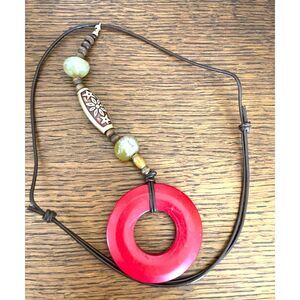 Vintage Carved Genuine Stone Boho Long Pendant Necklace Red on Leather Rope